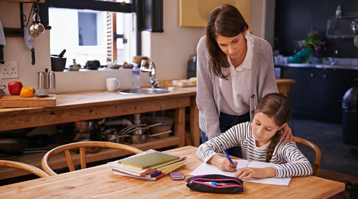 A Woman Homeschooling Her Child In The Kitchen, Dedicating As Many Hours As It Takes.